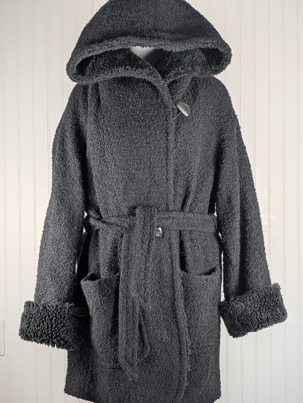 Vintage John Caruana Black Boucle Wool Hooded Wrap Coat - Size 14